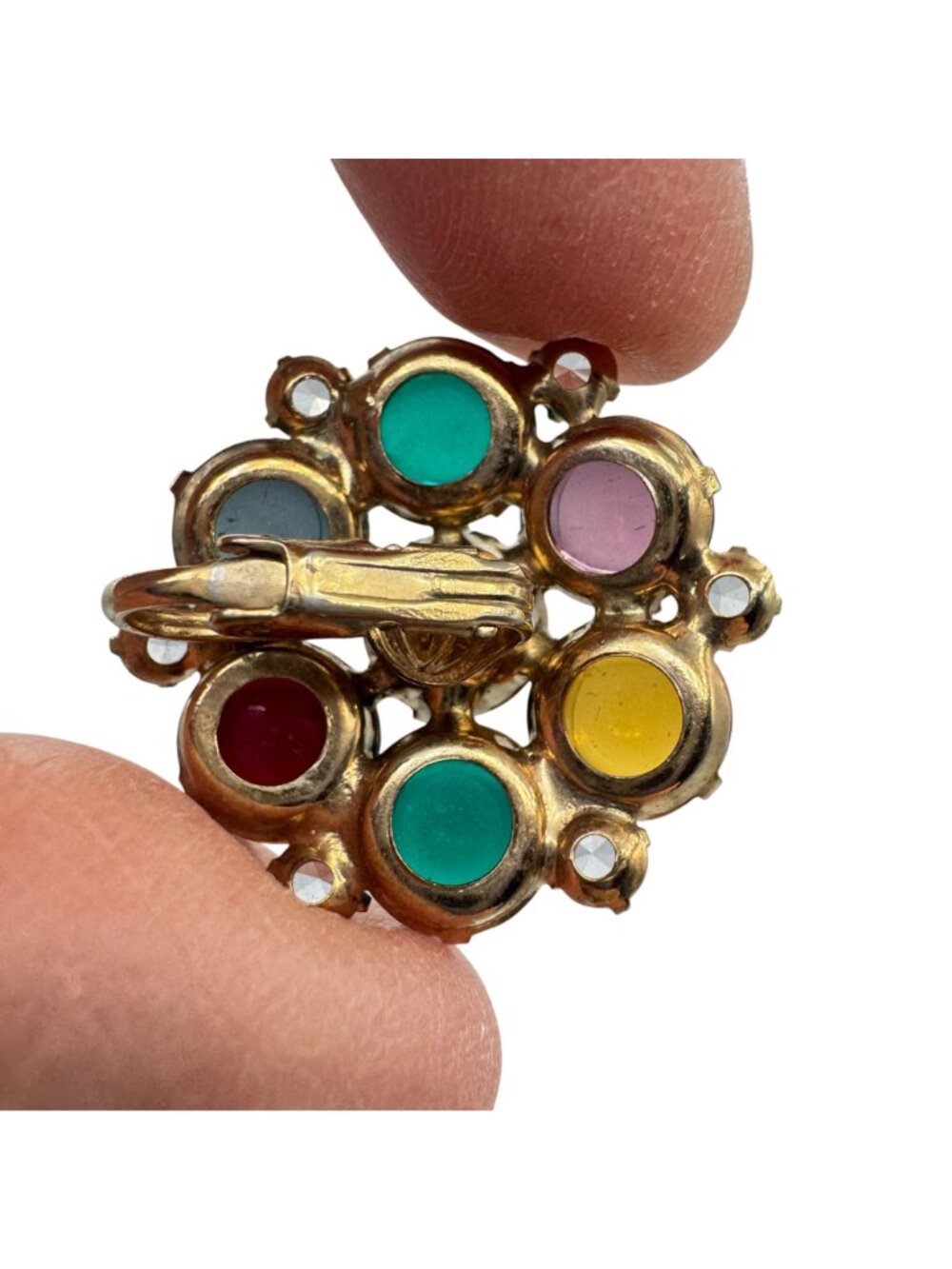 Vintage Fruit Salad Cluster Earrings Clip Multi-Color Glass Prong Set Gold Tone - Picture 5 of 11